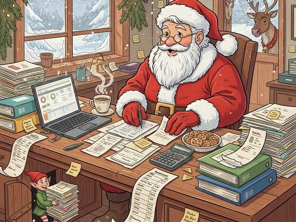 Der Weihnachtsmann sitzt an einem überfüllten Schreibtisch in seinem Büro, umgeben von Stapeln von Dokumenten und Werkzeugen für die Geschenkezubereitung. Er trägt seinen traditionellen roten Anzug und liest aufmerksam durch Unterlagen, während er einen Becher dampfenden Kaffee neben sich hat. Ein kleiner Elf steht neben dem Schreibtisch und schaut auf einen Stapel Geschenkelisten. Durch das Fenster ist eine schneebedeckte Landschaft zu sehen, und ein Rentier schaut von außen herein. Plätzchen liegen auf dem Tisch.