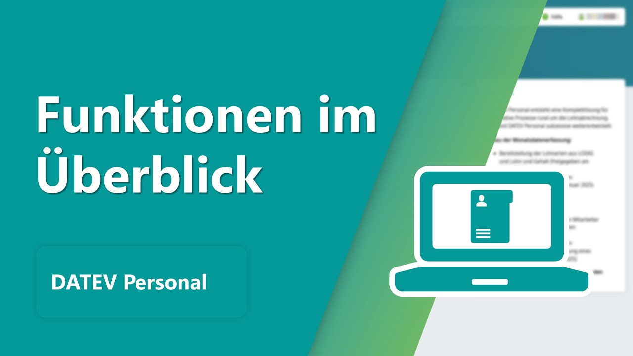 Ein Laptop mit einer Grafik einer Personalausweis-Karte und der Text "Funktionen im Überblick" in Verbindung mit "DATEV Personal" auf grünem Hintergrund.