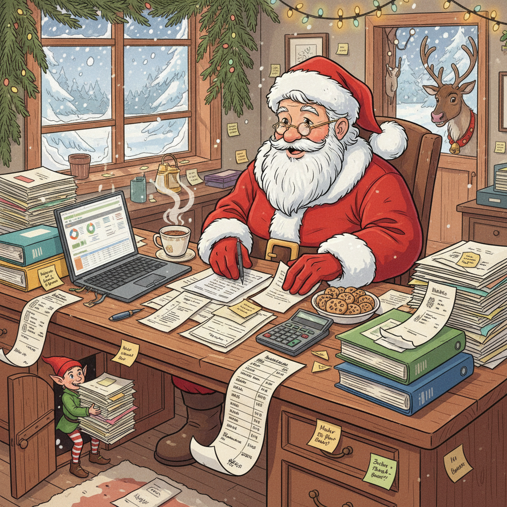Der Weihnachtsmann sitzt an einem überfüllten Schreibtisch in seinem Büro, umgeben von Stapeln von Dokumenten und Werkzeugen für die Geschenkezubereitung. Er trägt seinen traditionellen roten Anzug und liest aufmerksam durch Unterlagen, während er einen Becher dampfenden Kaffee neben sich hat. Ein kleiner Elf steht neben dem Schreibtisch und schaut auf einen Stapel Geschenkelisten. Durch das Fenster ist eine schneebedeckte Landschaft zu sehen, und ein Rentier schaut von außen herein. Plätzchen liegen auf dem Tisch.